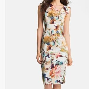Black Halo Career Water Color Abstract Floral Sheath Dress 6 Classic Office